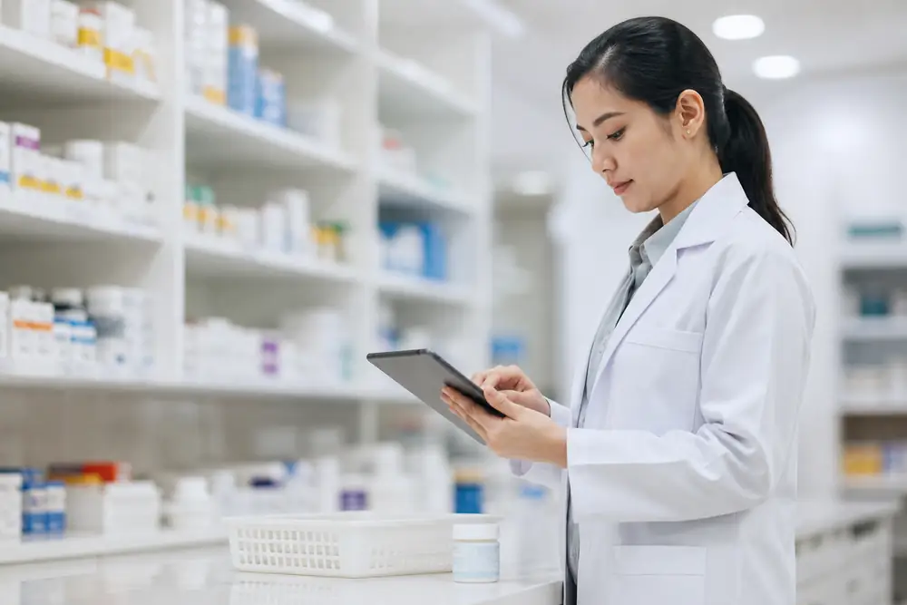 Apoteker memeriksa daftar resep pada tablet di depan rak obat