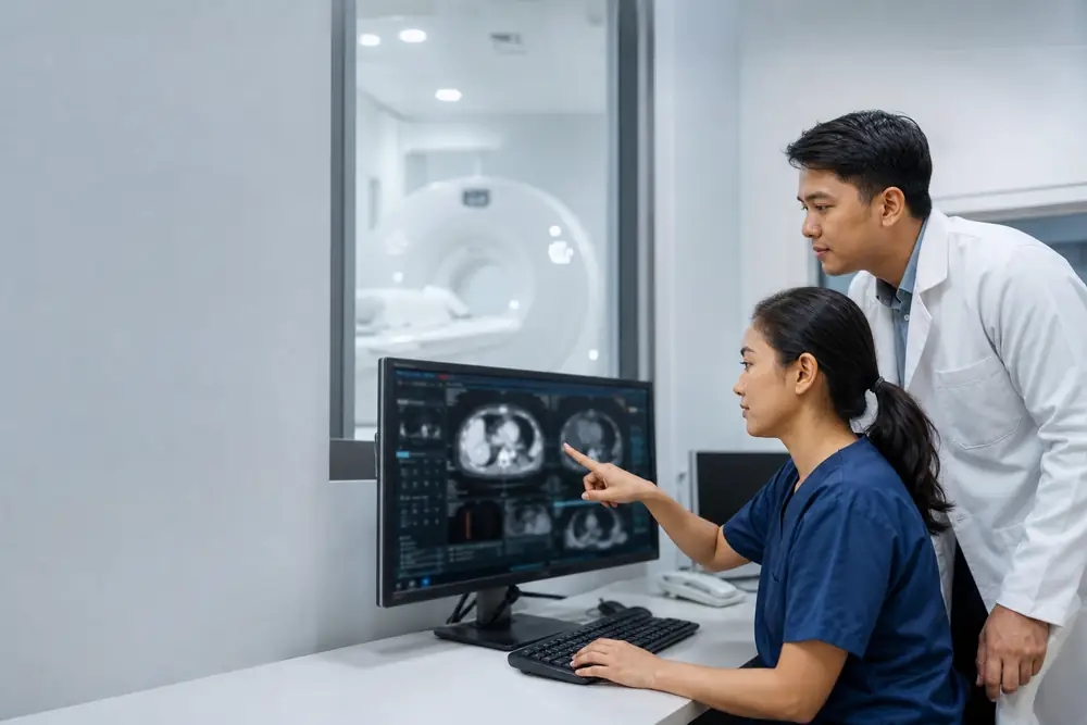 Radiografer dan dokter membaca hasil pencitraan di ruang kendali radiologi