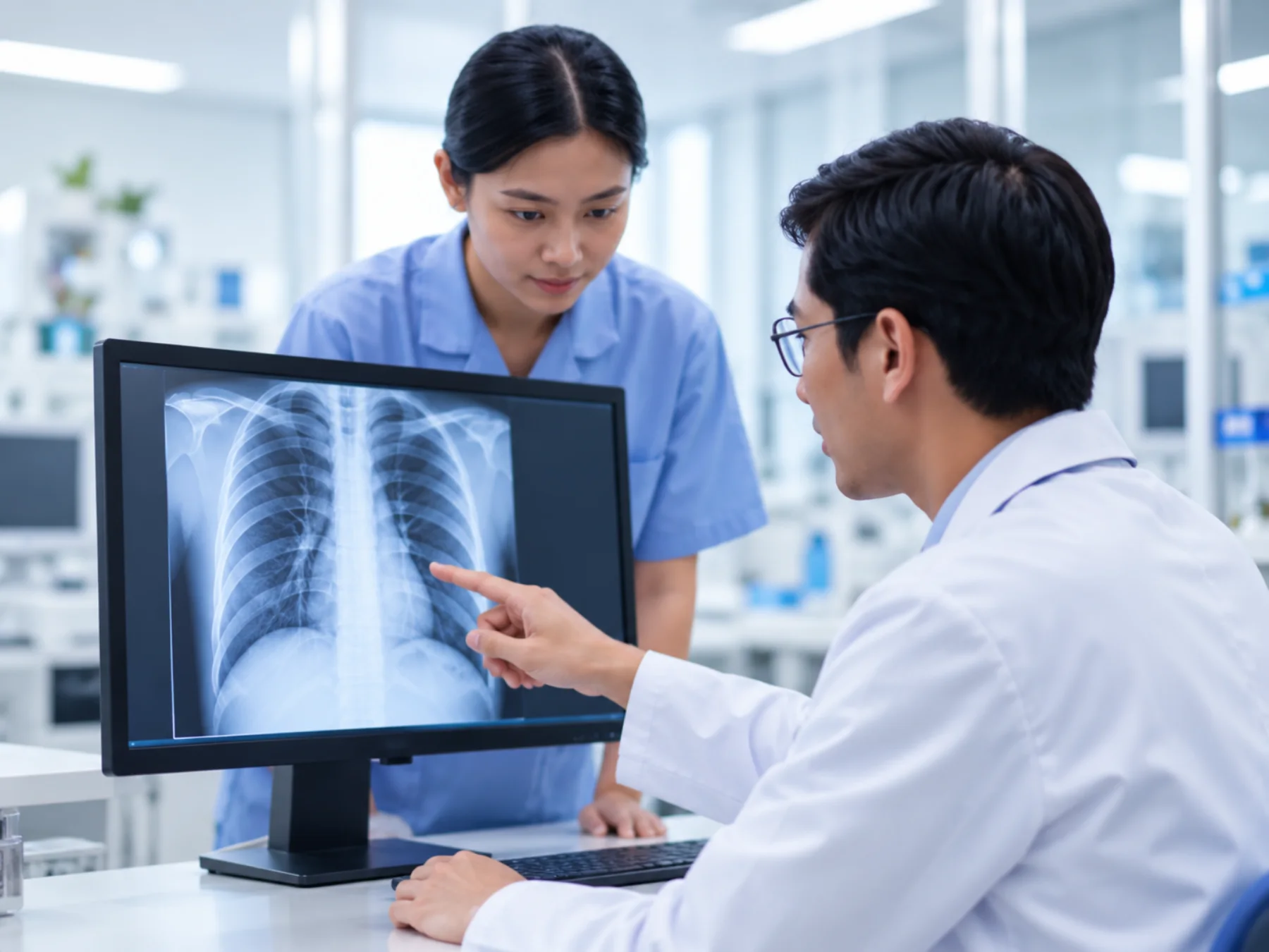 Dokter meninjau hasil X-ray di monitor