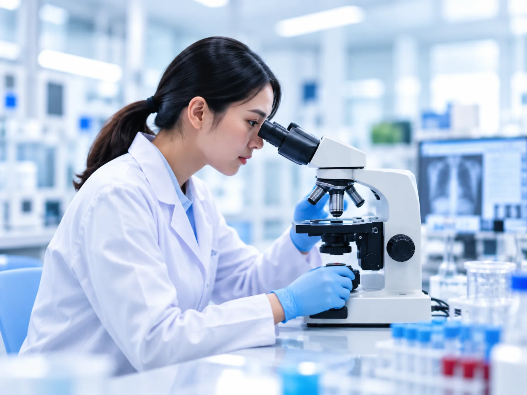 Laboran menggunakan mikroskop di laboratorium