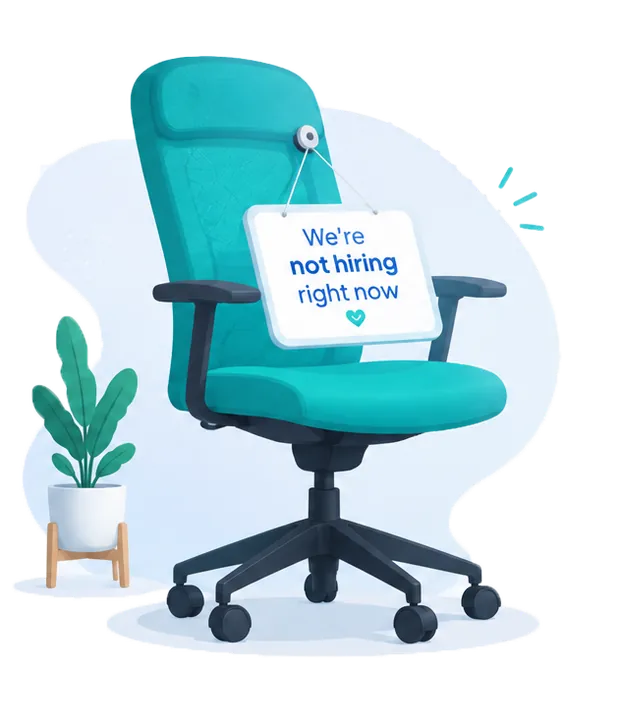 Ilustrasi kursi kerja kosong dengan papan bertuliskan “We’re not hiring right now”