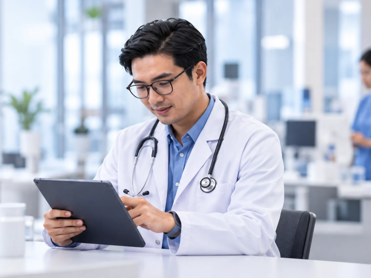 Dokter menggunakan rekam medis elektronik DHealth melalui tablet